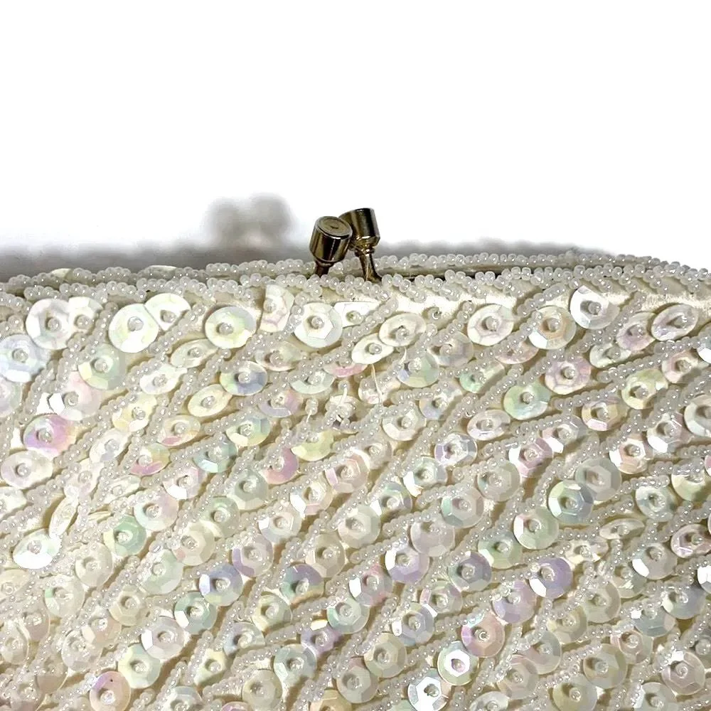 Vintage Ivory Satin Iridescent Sequin Beaded Evening Bridal Clutch Bag
